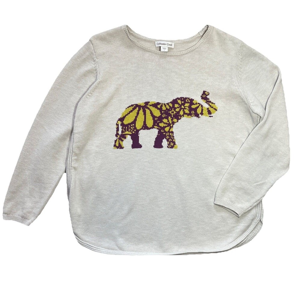 Coldwater Creek Elephant Sweater Womens Large Beige Floral Pullover Artsy